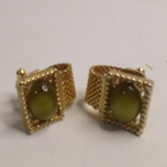 Swank Cufflinks Vintage Rectangle Green Stone - Picture 1 of 8